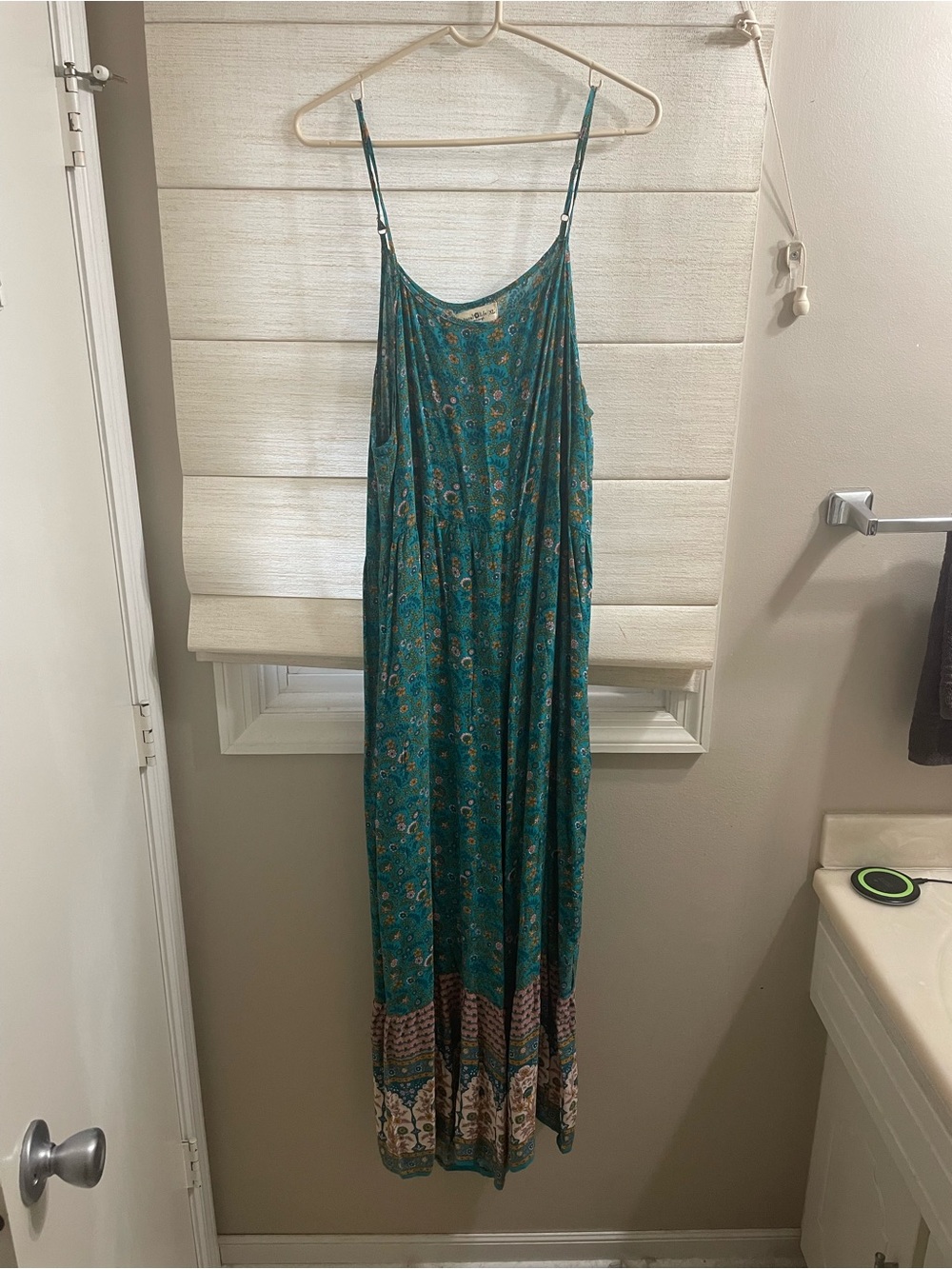 Teal Floral Boho jumpsuit with Border Print